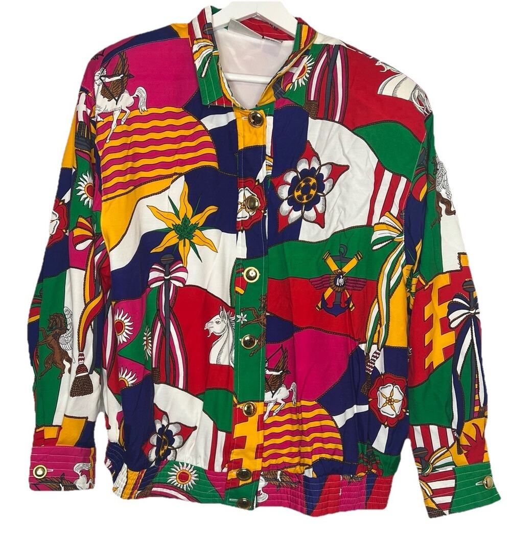 Ilyssa Maxx Gold Button Down Flag Pageantry Bomber Style Jacket Vintage Sz L